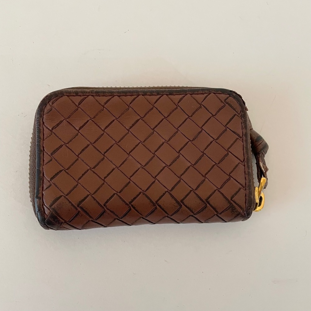 Bottega Veneta Intrecciato Leather Brown Zip Compact Wallet/Card/Coin Case